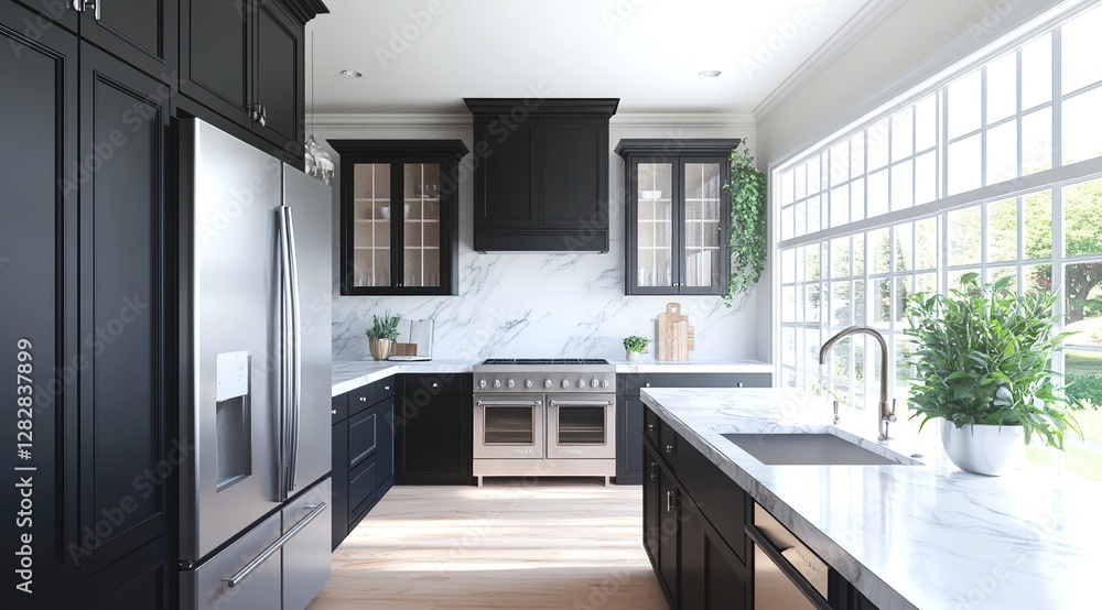Obraz premium Modern Kitchen Design: Elegant Black Cabinets, Marble Countertops, and Stainless Steel Appliances in a Sunlit Room