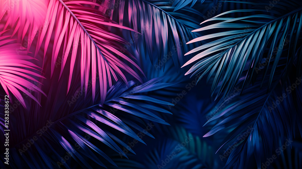 Vivid neon tropical leaves background, showcasing pink and blue hues in a botanical garden Vivid neon tropical leaves background, showcasing pink and blue hues in a botanical garden