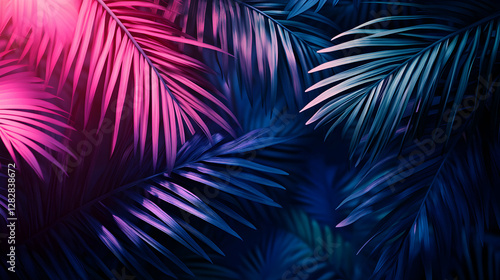 Vivid neon tropical leaves background, showcasing pink and blue hues in a botanical garden