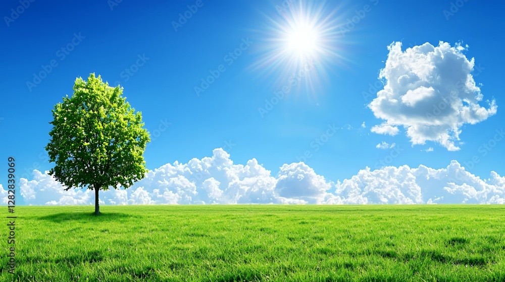 Obraz premium Single Green Tree in a Lush Green Field Under a Bright Sunny Sky