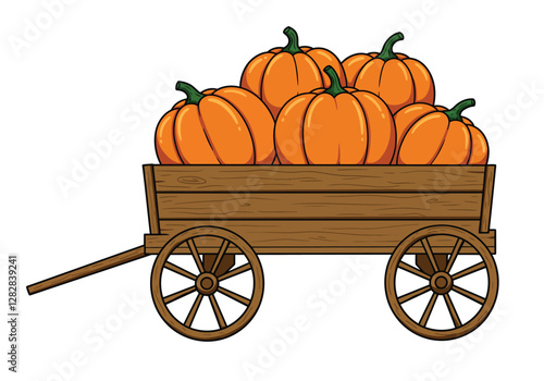 Pumpkin wagon clipart. Wooden cart filled with orange pumpkins. Vector illustration design.