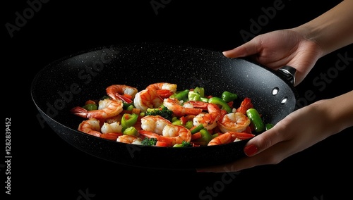 Woman holding shrimp stir-fry in wok, black background, food photography photo