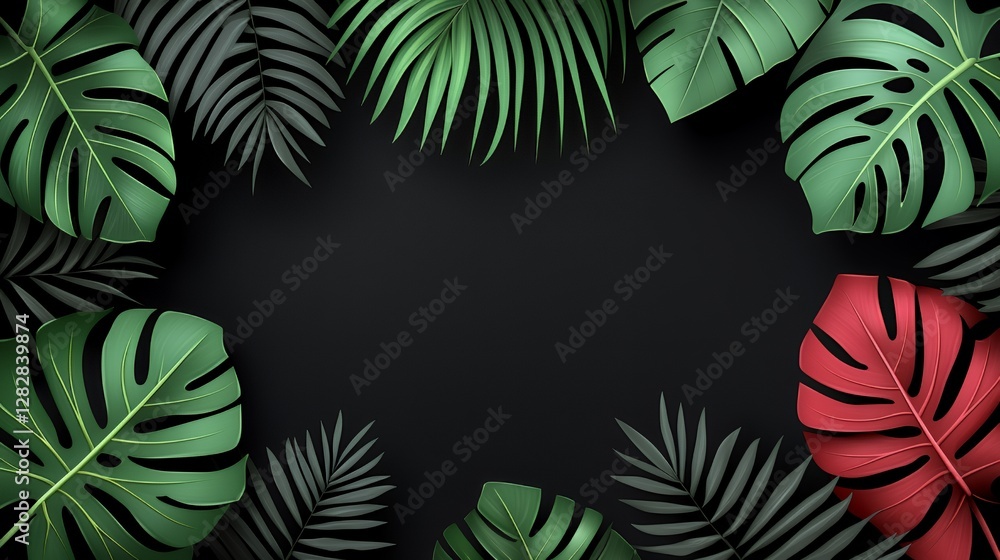 Tropical Green and Red Leaves Frame on Dark Background Tropical Green and Red Leaves Frame on Dark Background