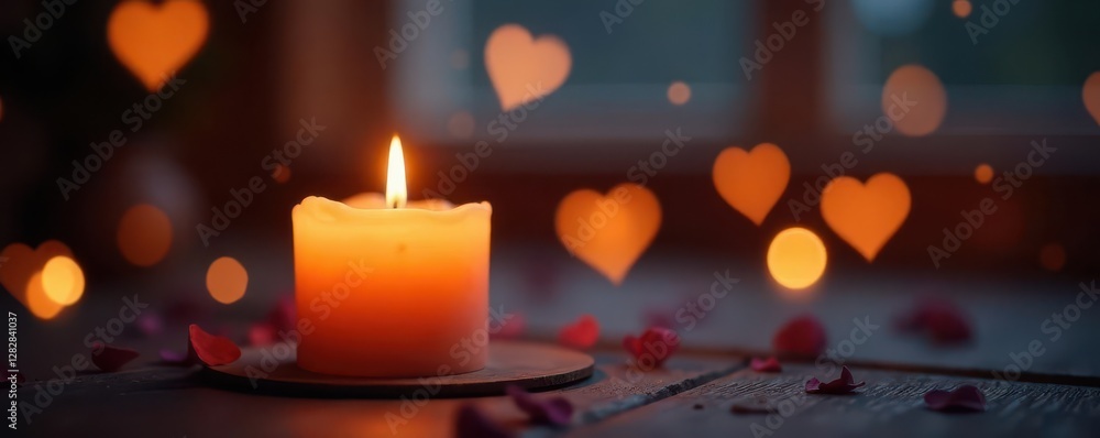 Softly glowing candle amidst heart-shaped bokeh in a cozy room, heart shaped, romantic setting Softly glowing candle amidst heart-shaped bokeh in a cozy room, heart shaped, romantic setting