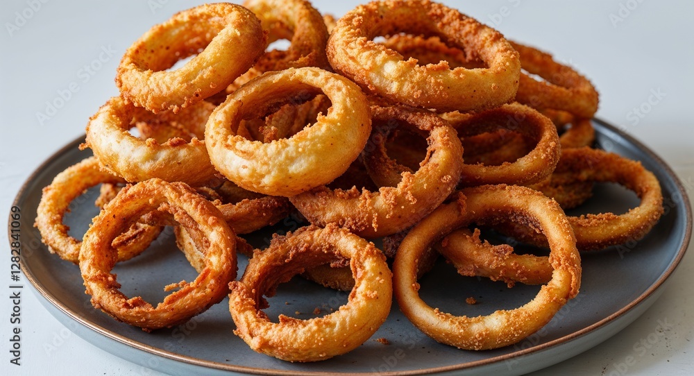 bunch of crispy battered onion rings piled high on a plate on plain white background bunch of crispy battered onion rings piled high on a plate on plain white background