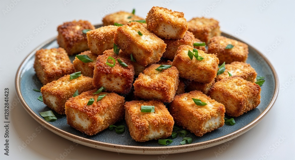 bunch of crispy tofu nuggets arranged nicely on a plate on plain white background bunch of crispy tofu nuggets arranged nicely on a plate on plain white background