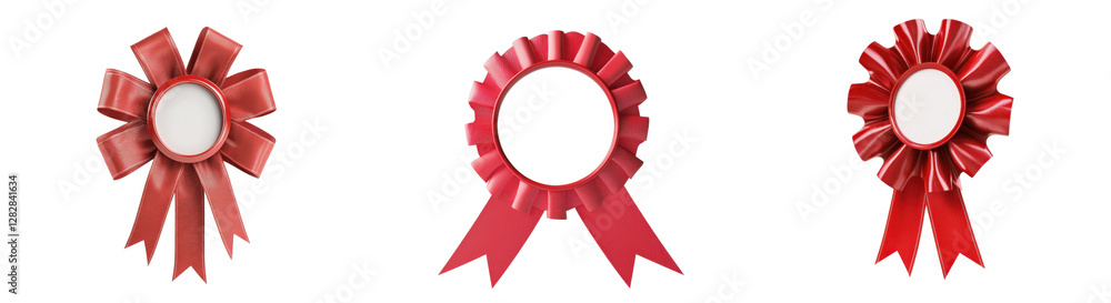 Red Award Ribbons with Blank Center for Customization and Recognition, Isolated White Background Red Award Ribbons with Blank Center for Customization and Recognition, Isolated White Background