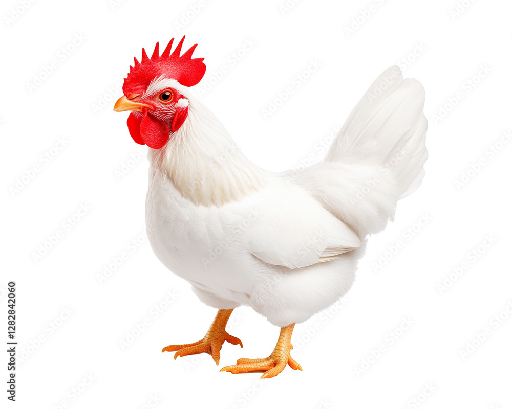 Fototapeta premium White chicken with red comb andisolated on transparent background