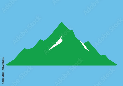 Green mountain clip art. This image shows a simple, stylized green mountain with white snow patches on a blue background. Vector illustration design.