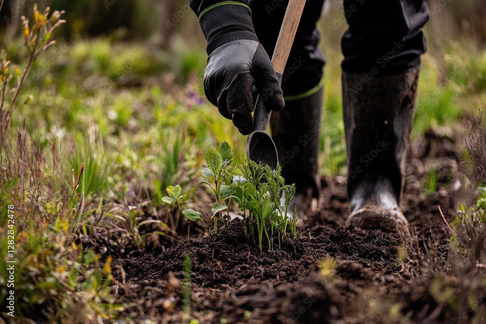 Gardener planting seedlings in spring garden Gardener planting seedlings in spring garden