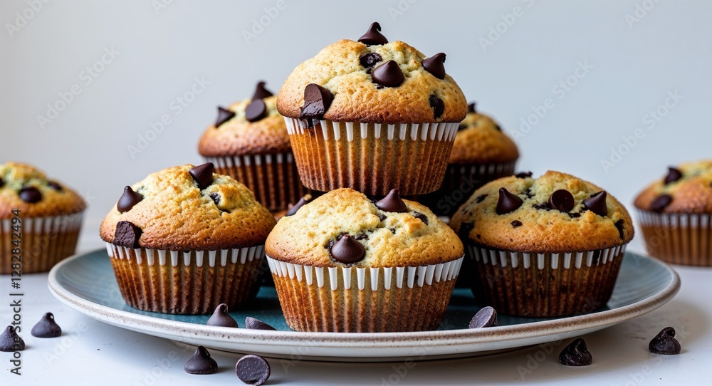 bunch of fluffy chocolate chip muffins on a plate on plain white background bunch of fluffy chocolate chip muffins on a plate on plain white background