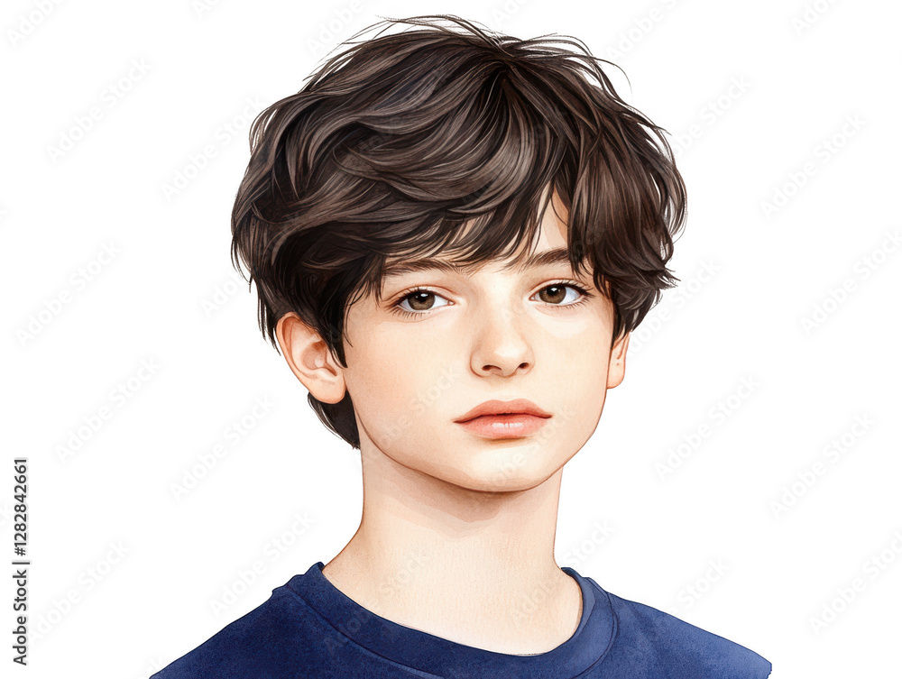 Portrait of boy in blue shirt against black background, a study in contrast and minimalism