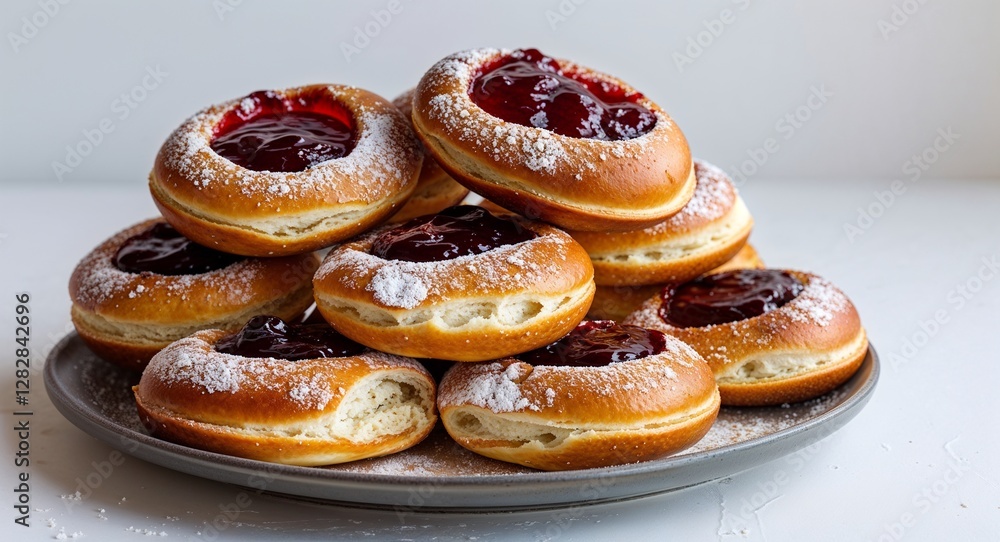 bunch of fluffy jam filled Berliner on a plate on plain white background bunch of fluffy jam filled Berliner on a plate on plain white background