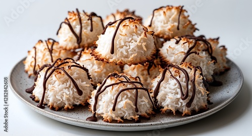 Wallpaper Mural bunch of fluffy coconut macaroons drizzled with chocolate on a plate on plain white background Torontodigital.ca
