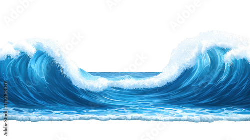 Dynamic crashing blue wave with white foam and bubbles, a captivating ocean scene