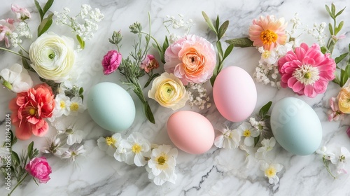 Wallpaper Mural A symphony of color, where pastel-hued Easter eggs, adorned with vibrant blooms, nestled on a polished marble surface, a testament to the beauty and joy of springtime. Torontodigital.ca
