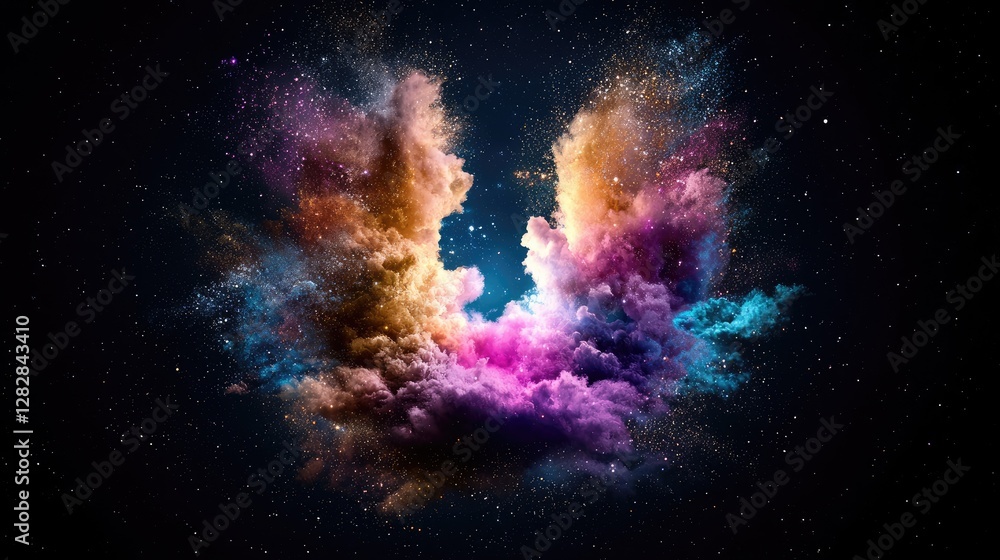 Fototapeta premium Colorful cosmic nebula, space dust explosion, starry background, abstract art, design