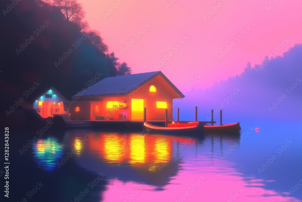 Fototapeta premium A serene lakeside scene at dusk featuring a cozy cabin with glowing windows, two boats docked nearby, and a misty landscape reflecting vibrant colors on the water.