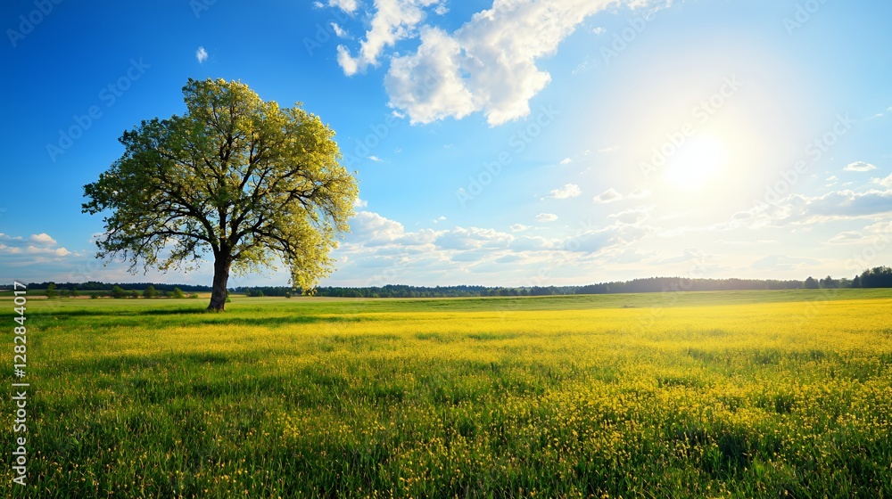 Single Tree in a Vibrant Yellow Flower Field Under a Sunny Sky Single Tree in a Vibrant Yellow Flower Field Under a Sunny Sky