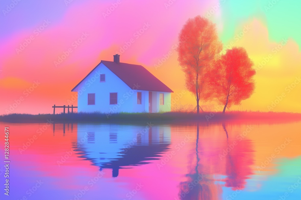 Fototapeta premium A serene landscape featuring a small white house beside a calm lake. The scene is enhanced with vibrant, colorful hues of pink, orange, and blue, reflecting beautifully on the water's surface.