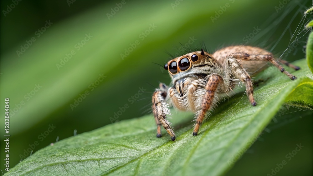 Fototapeta premium Spider on a Leaf: A detailed macro shot captures a jumping spider resting on a vibrant green leaf, highlighting its intricate features and captivating gaze.