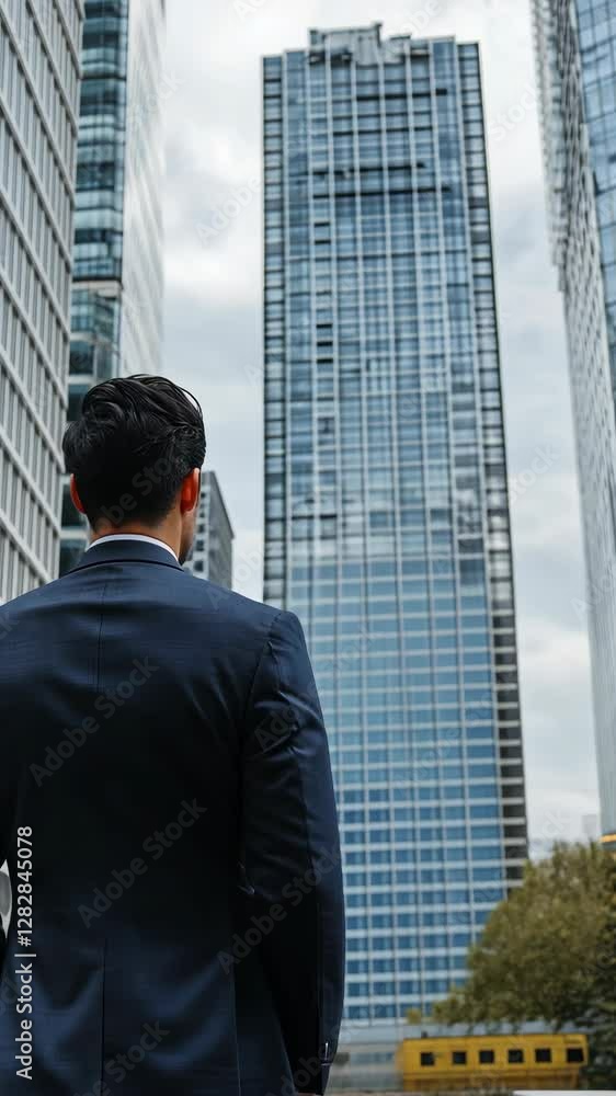 Business professional gazes thoughtfully at modern skyscraper in urban setting during cloudy day Business professional gazes thoughtfully at modern skyscraper in urban setting during cloudy day