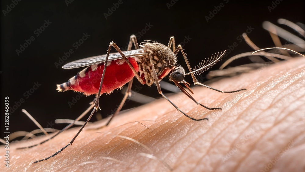 Naklejka premium Mosquito on Human Skin: Close-up view of a mosquito in its natural habitat, showing the detail of blood-filled abdomen and its interaction with human skin.