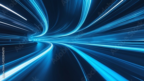 Abstract background with vibrant glowing blue light trails curving and streaking across a dark backdrop