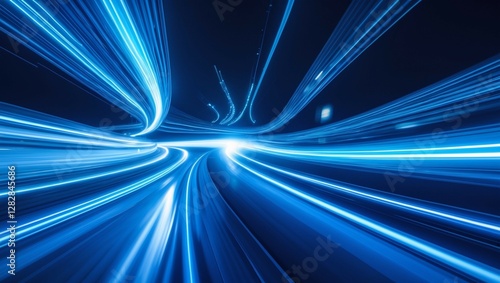 Abstract background with vibrant glowing blue light trails curving and streaking across a dark backdrop