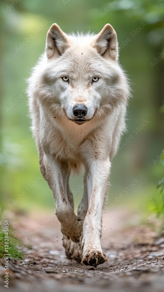 A large, fierce white wolf dashes through the lush green forest. A large, fierce white wolf dashes through the lush green forest.