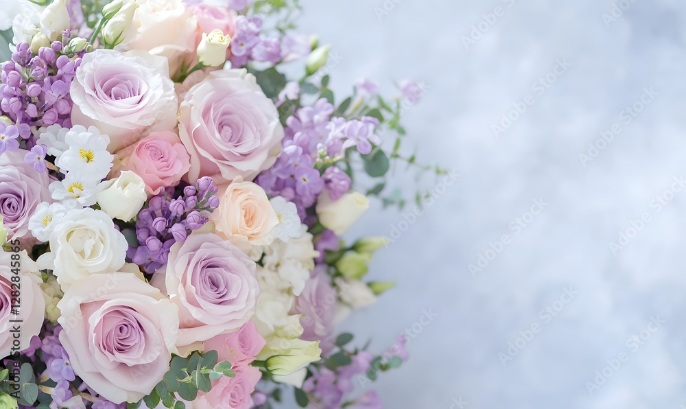 a huge bouquet of lilac roses with small white flowers and purple eustomas in a beautiful soft lilac gift packaging, Generative AI a huge bouquet of lilac roses with small white flowers and purple eustomas in a beautiful soft lilac gift packaging, Generative AI