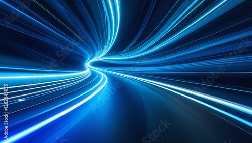 Abstract background with vibrant glowing blue light trails curving and streaking across a dark backdrop