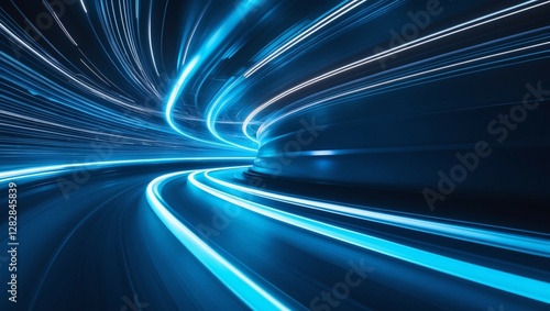 Abstract background with vibrant glowing blue light trails curving and streaking across a dark backdrop