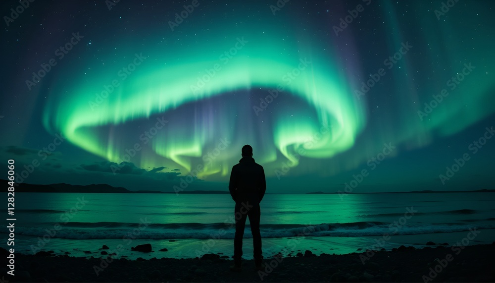 Man Watching Northern Lights Over the Ocean Man Watching Northern Lights Over the Ocean