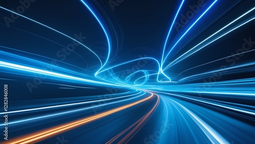 Abstract background with vibrant glowing blue light trails curving and streaking across a dark backdrop