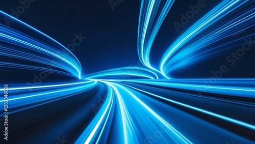 Abstract background with vibrant glowing blue light trails curving and streaking across a dark backdrop