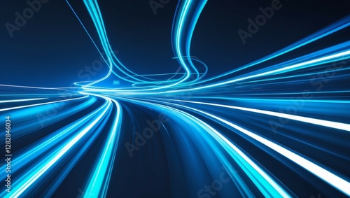 Abstract background with vibrant glowing blue light trails curving and streaking across a dark backdrop