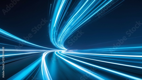 Abstract background with vibrant glowing blue light trails curving and streaking across a dark backdrop