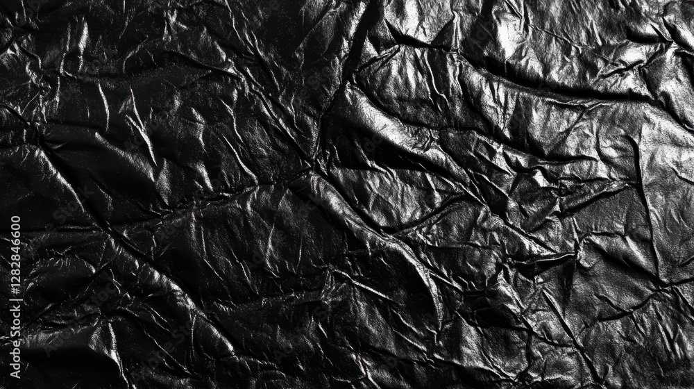 Fototapeta premium A glossy, wrinkled texture of black plastic wrap stretches across the frame, its glossy surface reflecting the surrounding light.