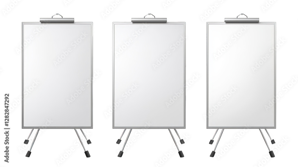 Three blank whiteboards on black background, ideal for presentations, brainstorming and education Three blank whiteboards on black background, ideal for presentations, brainstorming and education