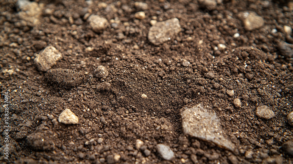 Closeup of brown soil ground with rich texture, symbolizing fertility, growth, and sustainability. Represents farming, gardening, and agronomy, highlighting quality earth for sowing and plant nourishm Closeup of brown soil ground with rich texture, symbolizing fertility, growth, and sustainability. Represents farming, gardening, and agronomy, highlighting quality earth for sowing and plant nourishm