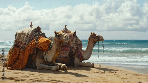 Resting Camels on Moroccan Beach with Traditional Saddles
