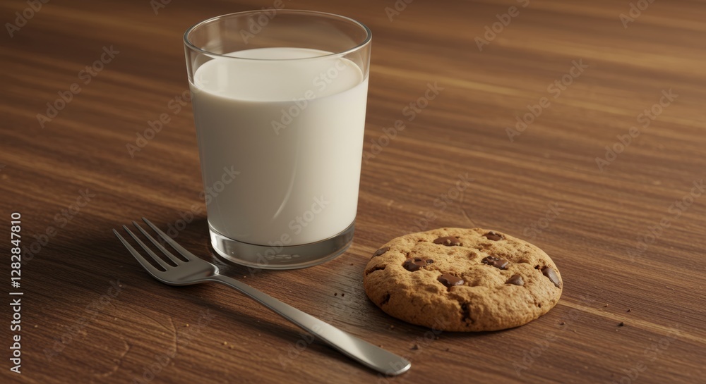 A comforting scene of milk, cookie and fork on a wooden table A comforting scene of milk, cookie and fork on a wooden table