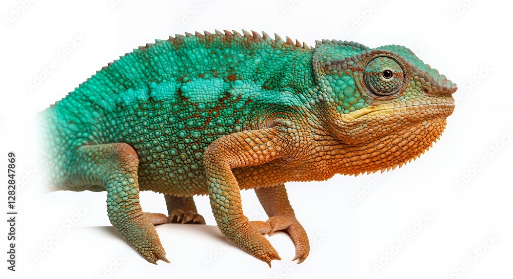 Obraz premium Vibrant Turquoise and Orange Chameleon Close-Up Profile on White
