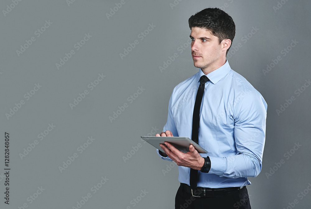 Businessman, tablet and mockup for decision, internet search or communication on grey background in studio. Website, online schedule and thinking for app, project planning and isolated on space Businessman, tablet and mockup for decision, internet search or communication on grey background in studio. Website, online schedule and thinking for app, project planning and isolated on space