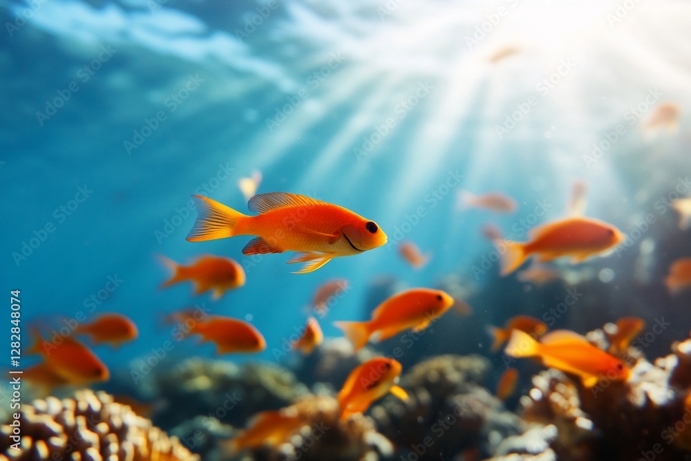 Fototapeta premium Sunlit coral reef with schooling orange fish.