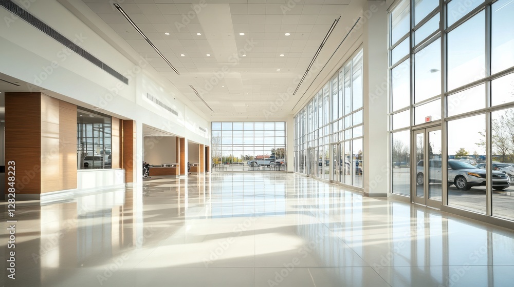Empty dealership with modern minimalist design and open layout. Featuring neutral tones and sleek finishes Empty dealership with modern minimalist design and open layout. Featuring neutral tones and sleek finishes