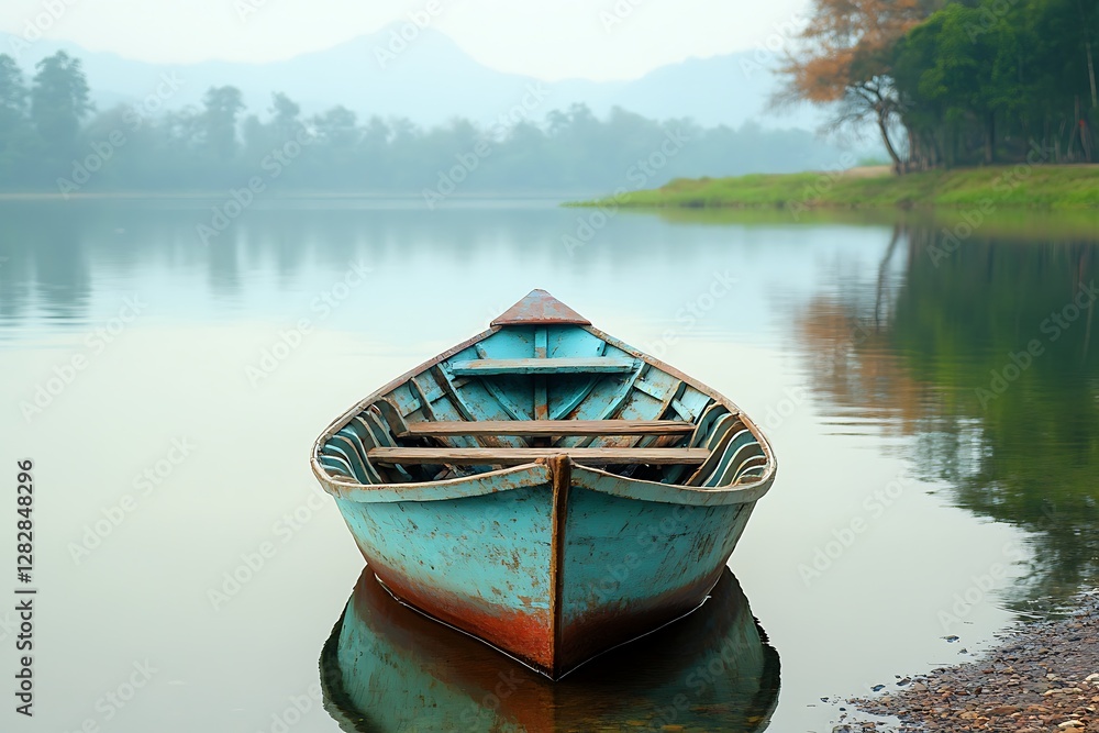 Obraz premium Tranquil boat, lake, misty morning