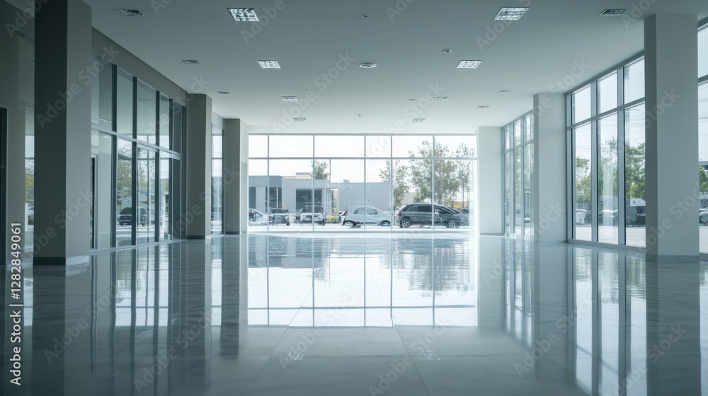 Fototapeta premium Empty dealership with modern minimalist design and open layout. Featuring sleek architecture and neutral tones