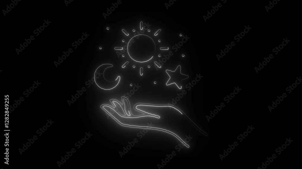 Moon, sun, star hand below orb of light, close-up, 4K video. Moon, sun, star hand below orb of light, close-up, 4K video.
